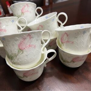 Mikasa White Porcelain Tea Cups with Pink Floral Design - Set of 10